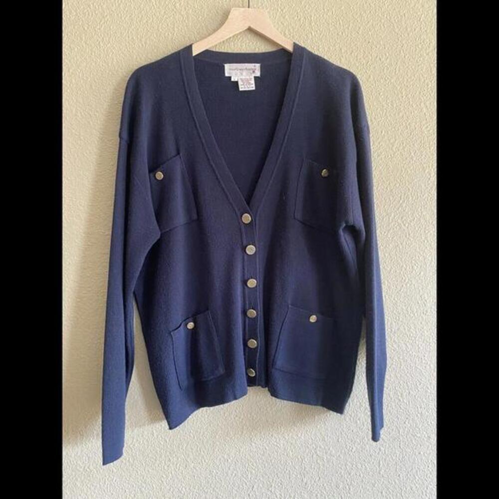 Courtney Rhodes Women's Sz Large Navy Blue Vintage Wool Blend Button-up Cardigan